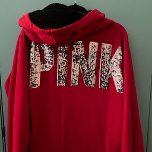 PINK Sweatshirt Size Lg Sherpa hood sequin on back